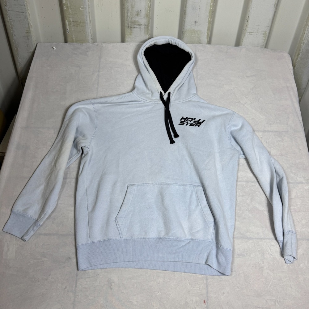 Hollister Mens Sweatshirt Light Blue Fleece Kangaroo Pocket Hooded Logo Size L